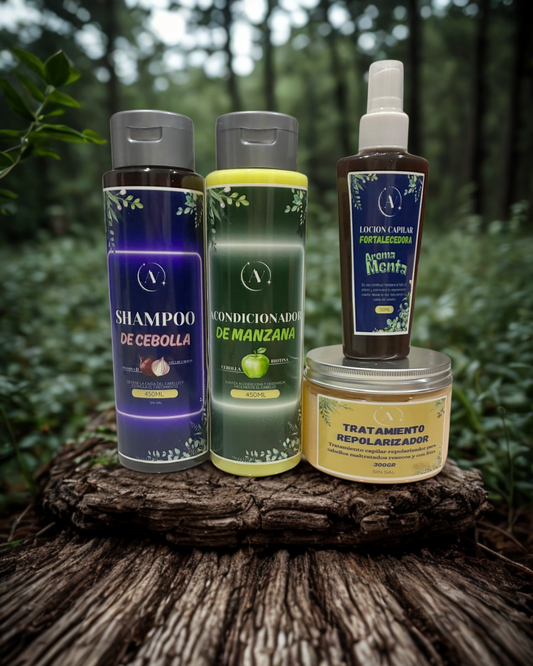 🌟 RUTINA CAPILAR COMPLETA
by AV ANDREA VILLAMIL.                          💆‍♀️ Shampoo + Acondicionador + Tratamiento + Loción